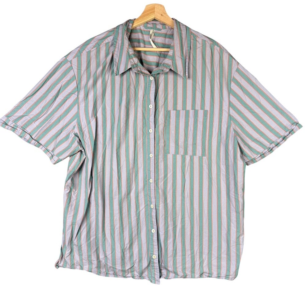 By Anthropologie Striped Short Sleeve Button Down Shirt XL Green OB1926750